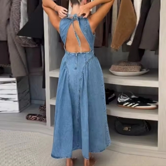 H&M Gorgeous Open-back Denim Dress Maxi Back Tie Cotton Light Denim Blue nwt - Picture 4 of 16